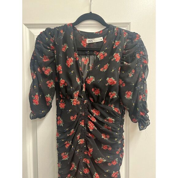 Zara Black Floral Ruched Mini Dress with Sleeves size S - Picture 1 of 6